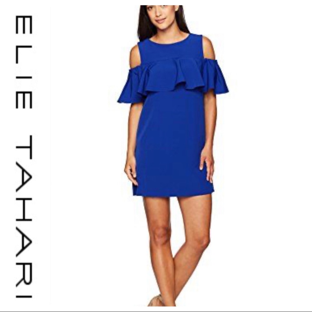 💕SALE Tahari ASL Ruffled Cold Shoulder Mini Dress - Picture 1 of 16